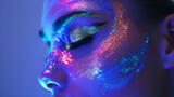 Close photo of a beautiful woman with bright makeup at a night party with purple, generative ai