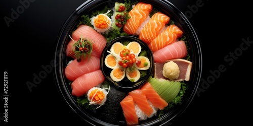 A delicious plate of sushi accompanied by a bowl of sauce. Perfect for any Japanese cuisine or food-related project