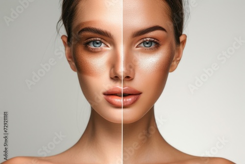 A visual representation of a woman's face before and after makeup application. This image can be used to showcase the power of makeup and its transformative effects