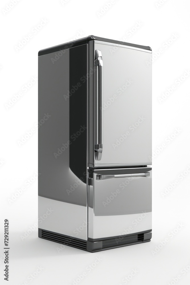 A silver refrigerator freezer placed on top of a clean white floor. Perfect for showcasing modern kitchen appliances. A silver refrigerator freezer placed on top of a clean white floor. Perfect for showcasing modern kitchen appliances.