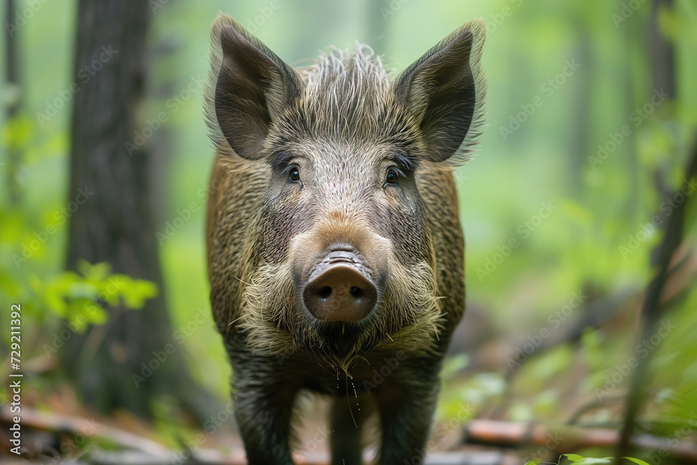 Wild boar standing in summer forest, wild animal frontal view outdoors looking at camera Wild boar standing in summer forest, wild animal frontal view outdoors looking at camera