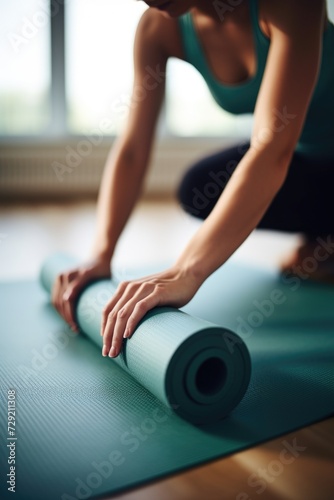 A woman is rolling up a yoga mat. This image can be used to illustrate fitness, exercise, yoga, wellness, and healthy lifestyle concepts