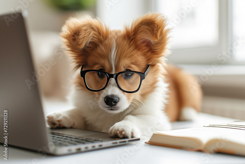 Funny puppy with glasses and book in front of a laptop, cute dog looks at the computer, white background at home
