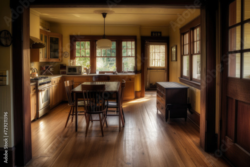 The interior of a colonial craftsman cottage home features a kitchen with retro style