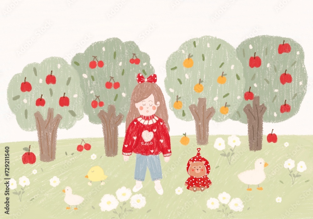 Naklejka premium Girl in fruit garden with animals background 