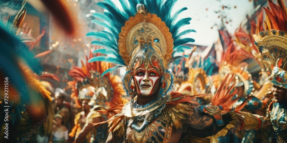 A man wearing a costume adorned with feathers and a feathered headpiece. This image can be used for costume parties, theatrical performances, or cultural events