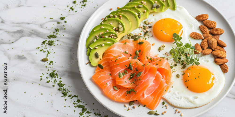 White Plate With Eggs, Salmon, Avocado, and Almonds White Plate With Eggs, Salmon, Avocado, and Almonds