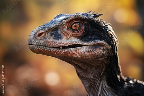 A close-up view of a dinosaur s head with a blurry background. This image can be used to depict prehistoric creatures  natural history  or educational materials