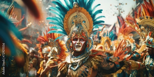A man wearing a costume adorned with feathers and a feathered headpiece. This image can be used for costume parties  theatrical performances  or cultural events
