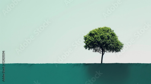 single tree on a green stripe with copy space. abstract environment conservation concept. 