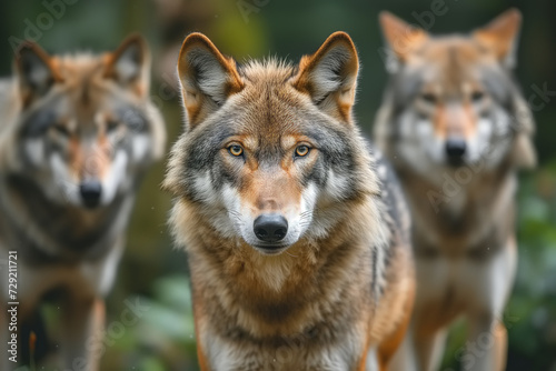 Pack of wolves in summer forest during day, Selective focus, a group wild animals outdoors looking at camera