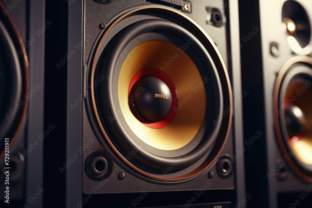 A detailed close-up image of a pair of speakers. This image can be used to showcase audio equipment or to illustrate the concept of sound and music A detailed close-up image of a pair of speakers. This image can be used to showcase audio equipment or to illustrate the concept of sound and music