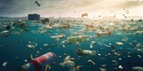 Trash floating in the ocean. Suitable for environmental awareness campaigns