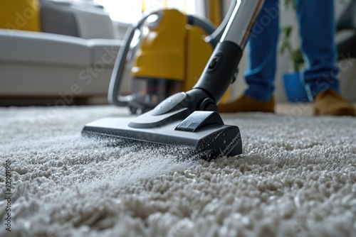 A person is using a vacuum cleaner to clean a carpet. This image can be used for cleaning, household chores, or home maintenance themes