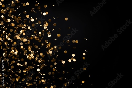 Golden Confetti on Black Background, copy space
