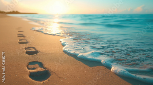 In the sunlight, a close-up perspective reveals a serene beach shoreline with gentle waves, sparkling water, and soft sand.