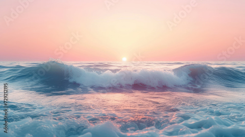 Pastel-colored sunrise skies reflect over tranquil ocean waves on a peaceful sandy beach.