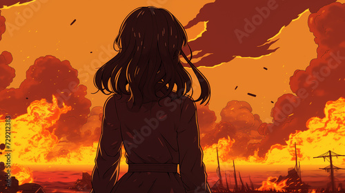 a sad beautiful anime girl standing in front of her destroyed home, war is coming, realistic cartoon look