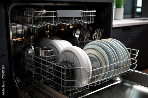 A dishwasher filled to capacity with a variety of dirty dishes. Perfect for illustrating household chores and the need for cleanliness