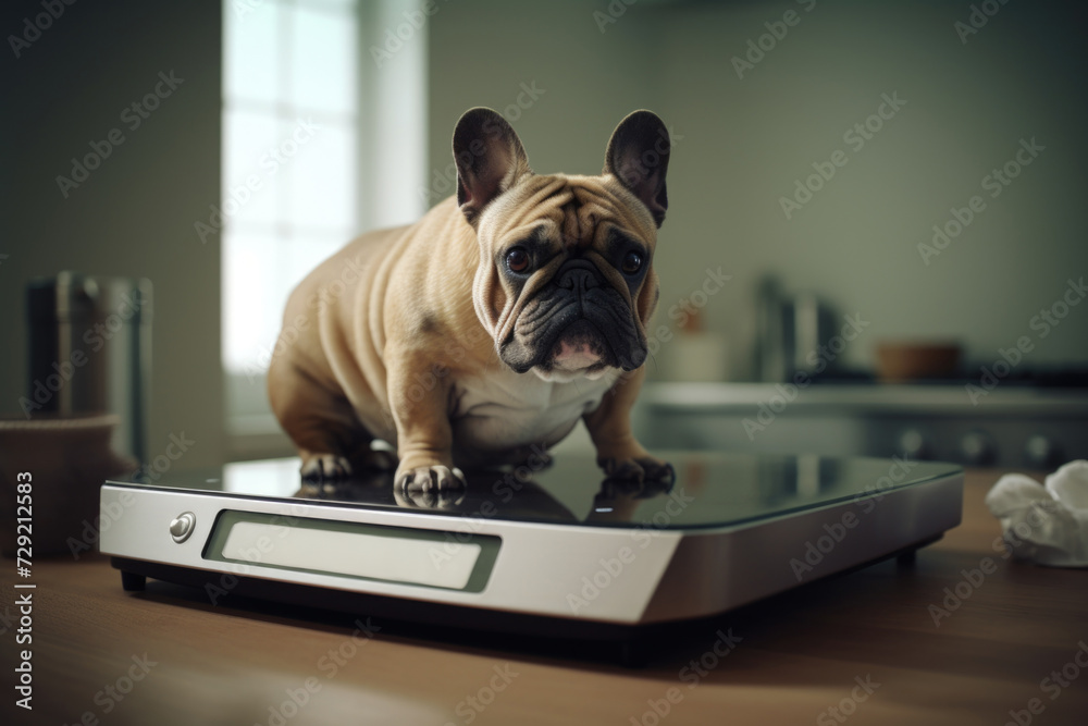 A small dog standing on top of a scale. Can be used to represent pet health, weight management, or veterinary care