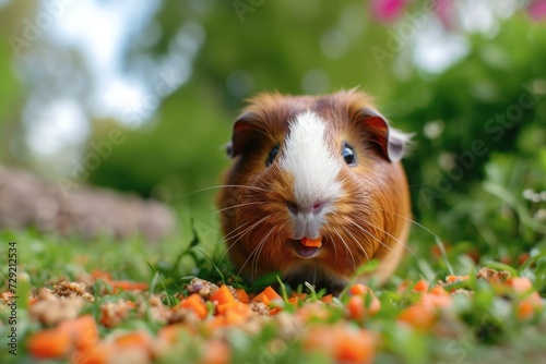 A brown and white guinea pig enjoying a snack of carrots. Suitable for pet-related content or articles about small animals as pets