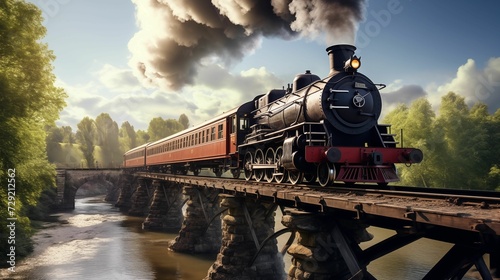 Railway Bridge with steam train passing by during the day. generative ai