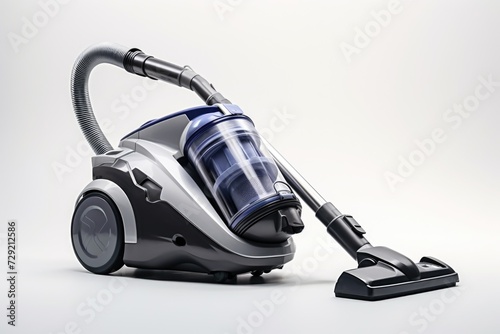 A silver and black vacuum cleaner sitting on a white surface. Versatile image suitable for household cleaning, home maintenance, or appliance themes