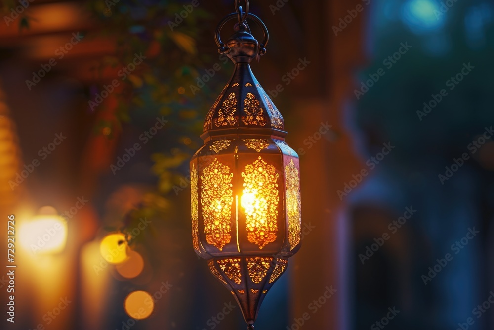 A lantern hanging from a tree at night. Perfect for creating a cozy and enchanting atmosphere. Ideal for outdoor events, garden parties, or adding a touch of magic to any setting