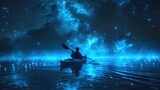 Solo explorer in a kayak navigates the still waters of a bioluminescent lagoon under a starry sky. The paddles stir the glowing organisms, creating a trail of light in the dark water