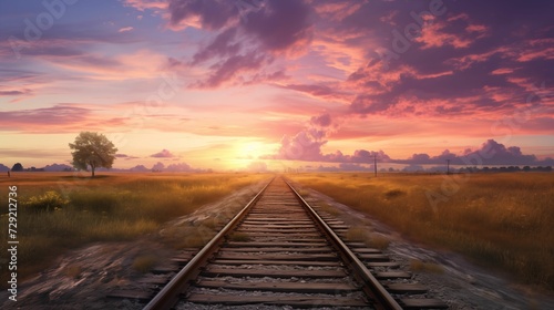 train tracks in a rural scene with a pastel sunset. generative ai