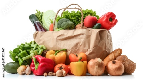 A paper bag filled with a variety of fresh vegetables. Perfect for healthy eating or cooking recipes.