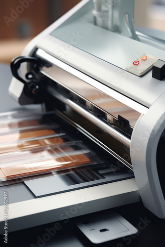 A close up view of a machine with a sheet of paper on it. This image can be used to depict technology, work, office, or printing