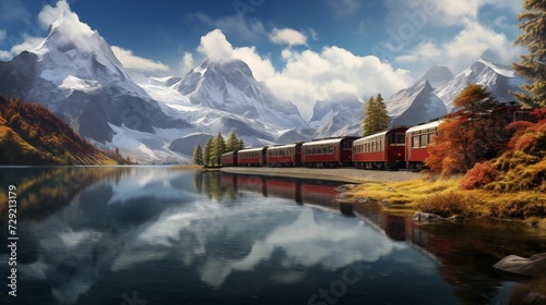 Red train moving along a lake in a beautiful mountain landscape. generative ai photo