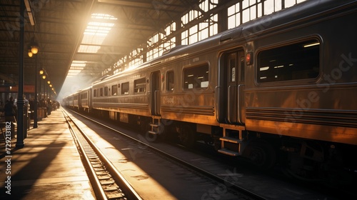 train station with sunlight shining on a parked train. generative ai
