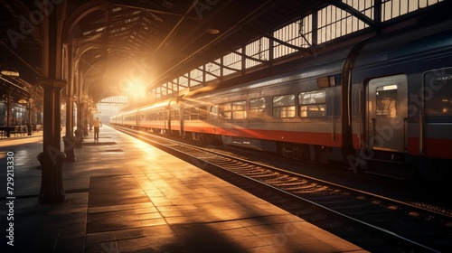 train station with sunlight shining on a parked train. generative ai © KBL Sungkid