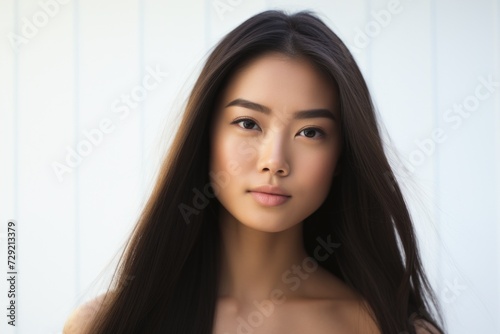 A woman with long brown hair posing for a picture. Perfect for portraits and lifestyle photography