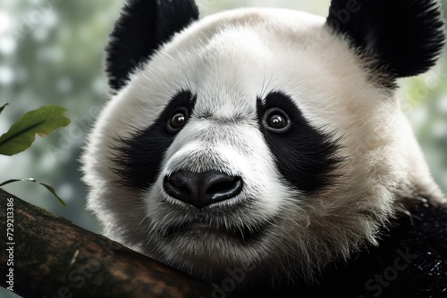 Close-up shot of a panda bear sitting on a tree branch. This image can be used to depict wildlife  nature  or conservation themes