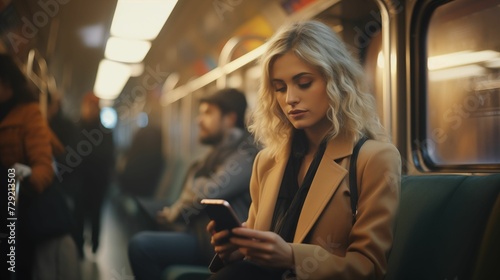 Young business woman using public transport, sitting with phone on train. generative ai