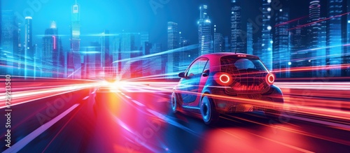 Fast speed electric car silhouette on city highway neon glowing modern style. AI generated image