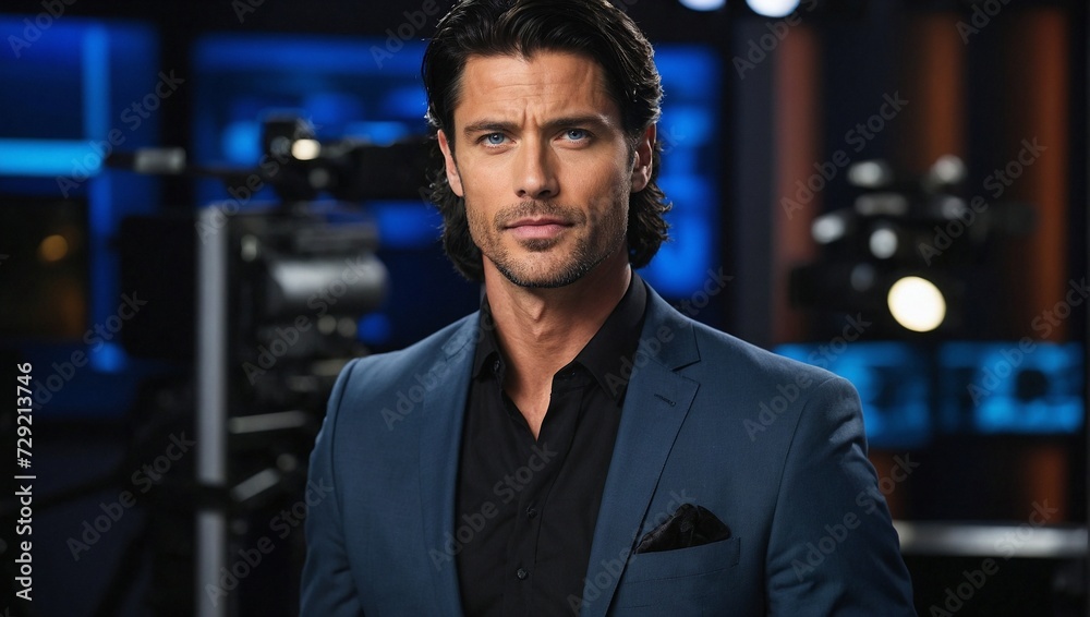 Fototapeta premium Confident Man Wearing Blue Suit Poses During Professional Indoor Photo Shoot. Generative AI.