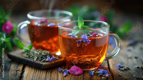 Two Cups of Tea With Flowers and Spoon