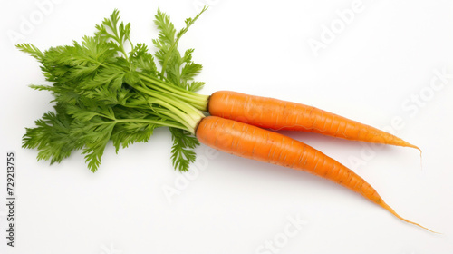 A carrot with green leaves on white background.