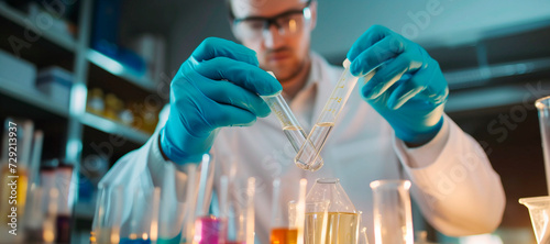 male scientist holding a test tube with a solution in gloves in a research lab or doing chemical experiments photo