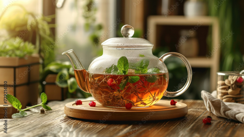 Glass Tea Pot Filled With Green Leaves Glass Tea Pot Filled With Green Leaves