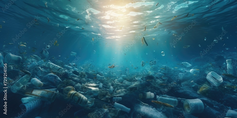 Trash floating in the ocean, a disturbing image that highlights the environmental issue of pollution.