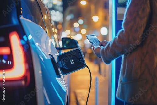 Woman using a cell phone to charge an electric car. Suitable for technology and sustainable energy concepts