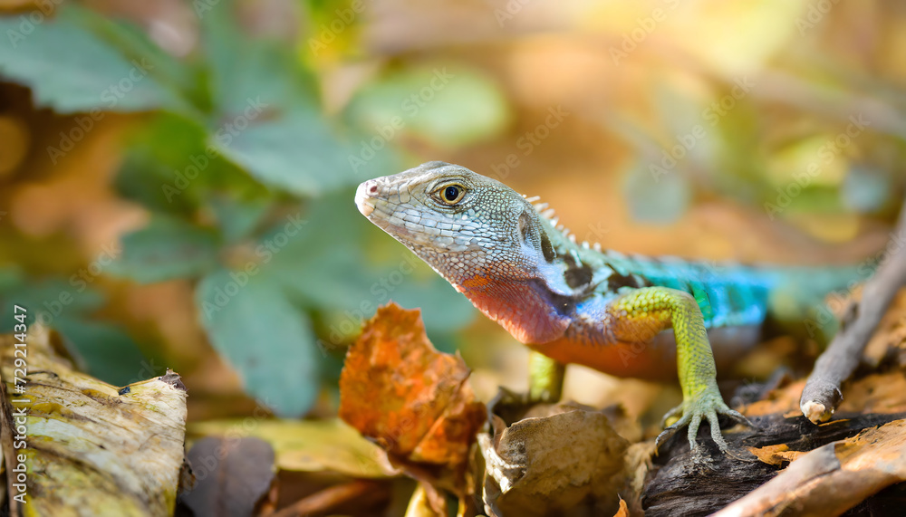 Green lizard on a branch in nature Green lizard on a branch in nature
