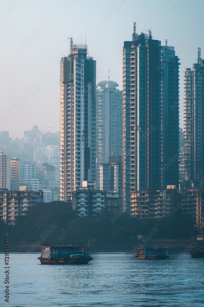 Fototapeta premium Two boats floating in the water with tall buildings in the background. Suitable for travel and urban cityscape themes