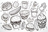 Black and white collection of children doodle art featuring a variety of fast food items.