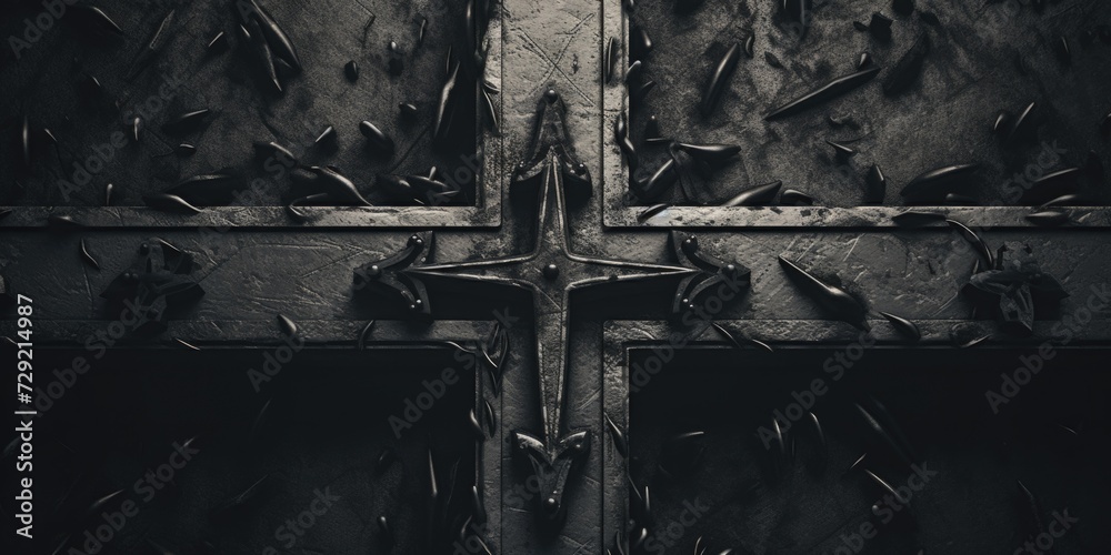 A cross made of metal with numerous nails embedded in the surface. Suitable for religious themes or symbolizing resilience. - obrazy, fototapety, plakaty 